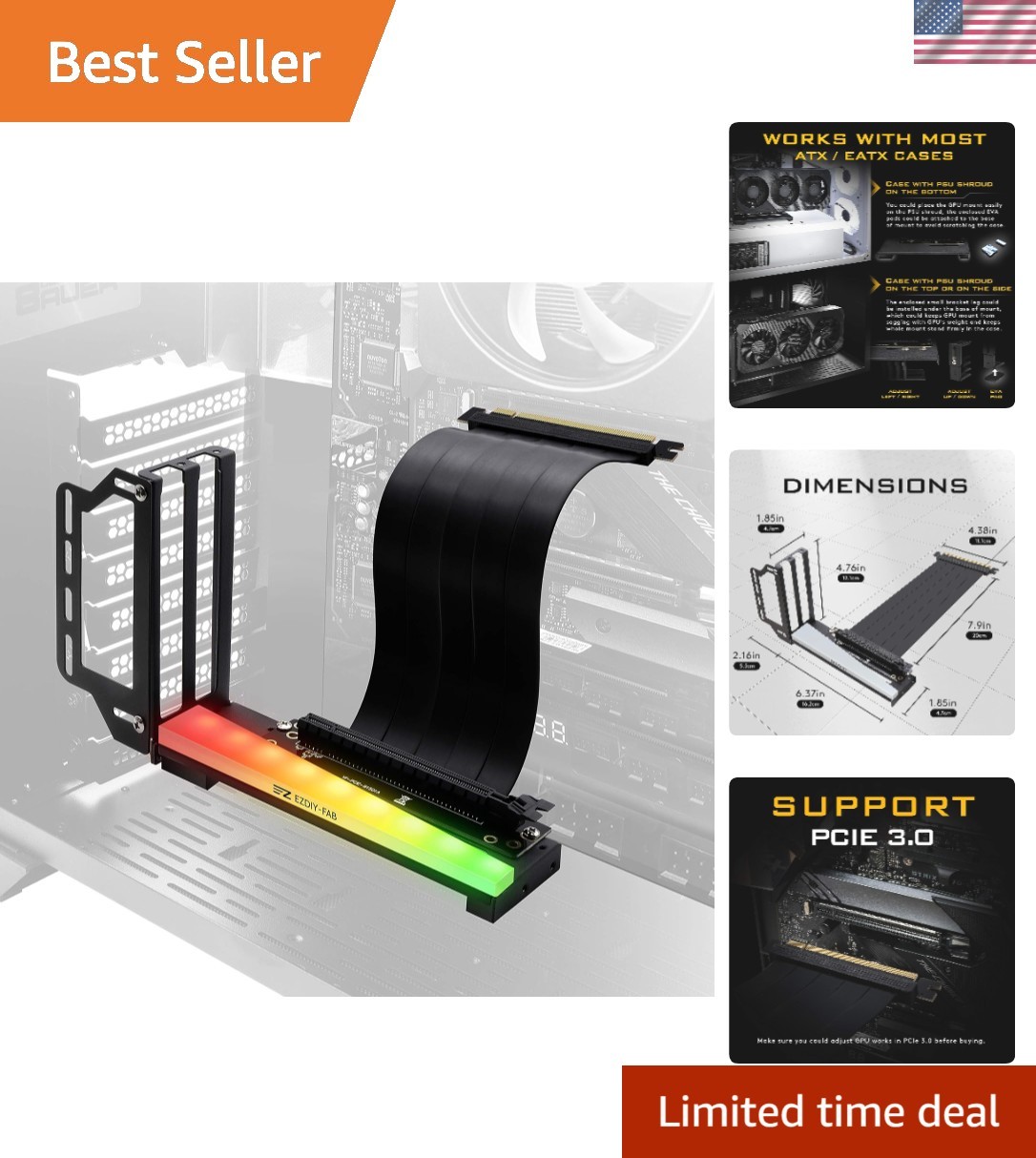 Compact Black GPU Support Kit with RGB Effects & Enhanced Cooling Design