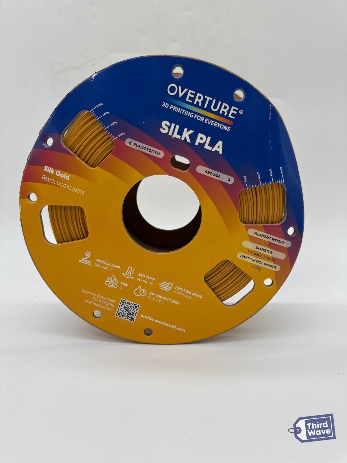 Overture 1.75 mm Silk PLA 3D Printer Filament - Silk Gold