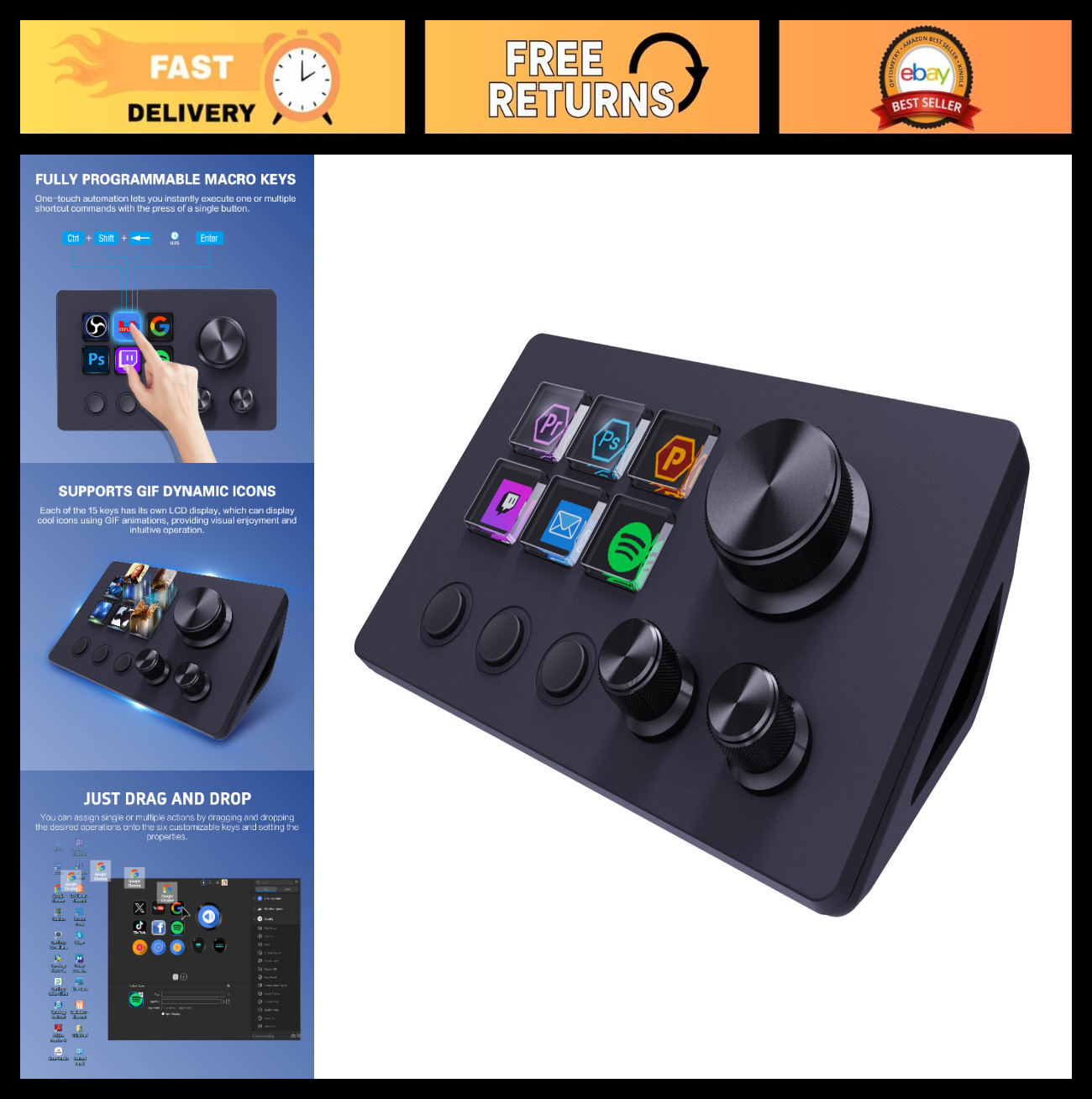 Gaming Stream Controller Deck, Macro Keypad with 6 Custom Keys & 3 Dials, OBS/Tw
