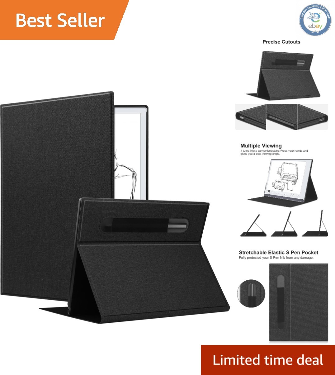 Luxury Slim Black Case for Remarkable 2 Tablet - Lightweight Protection & Stand