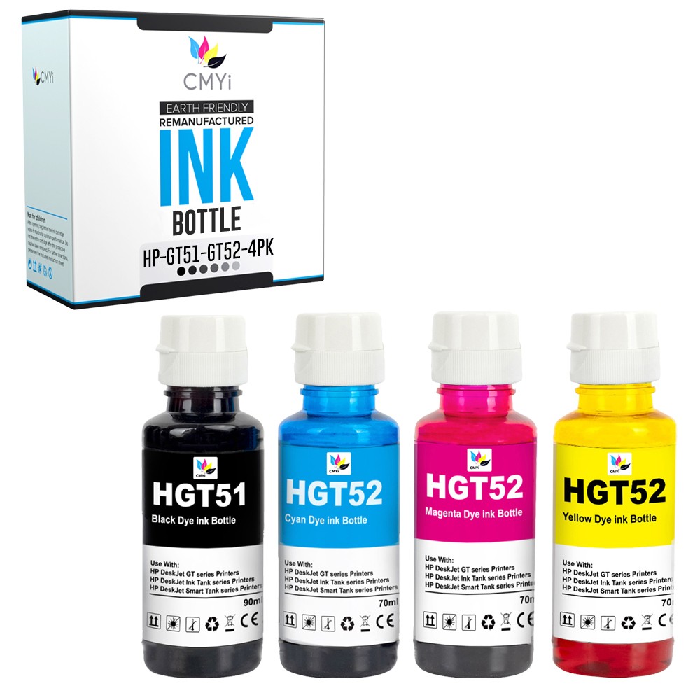4-Pack Compatible GT51 GT52 Ink Bottles Combo fits HP DeskJet GT 5810 GT 5811