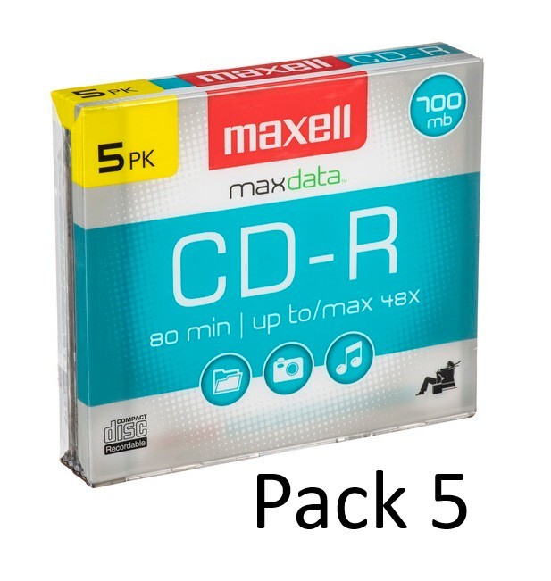 Pack 5 Maxell 5 PACK Blank Audio Music Data CD-R, Rec 80min, 700MB, (25 Total)