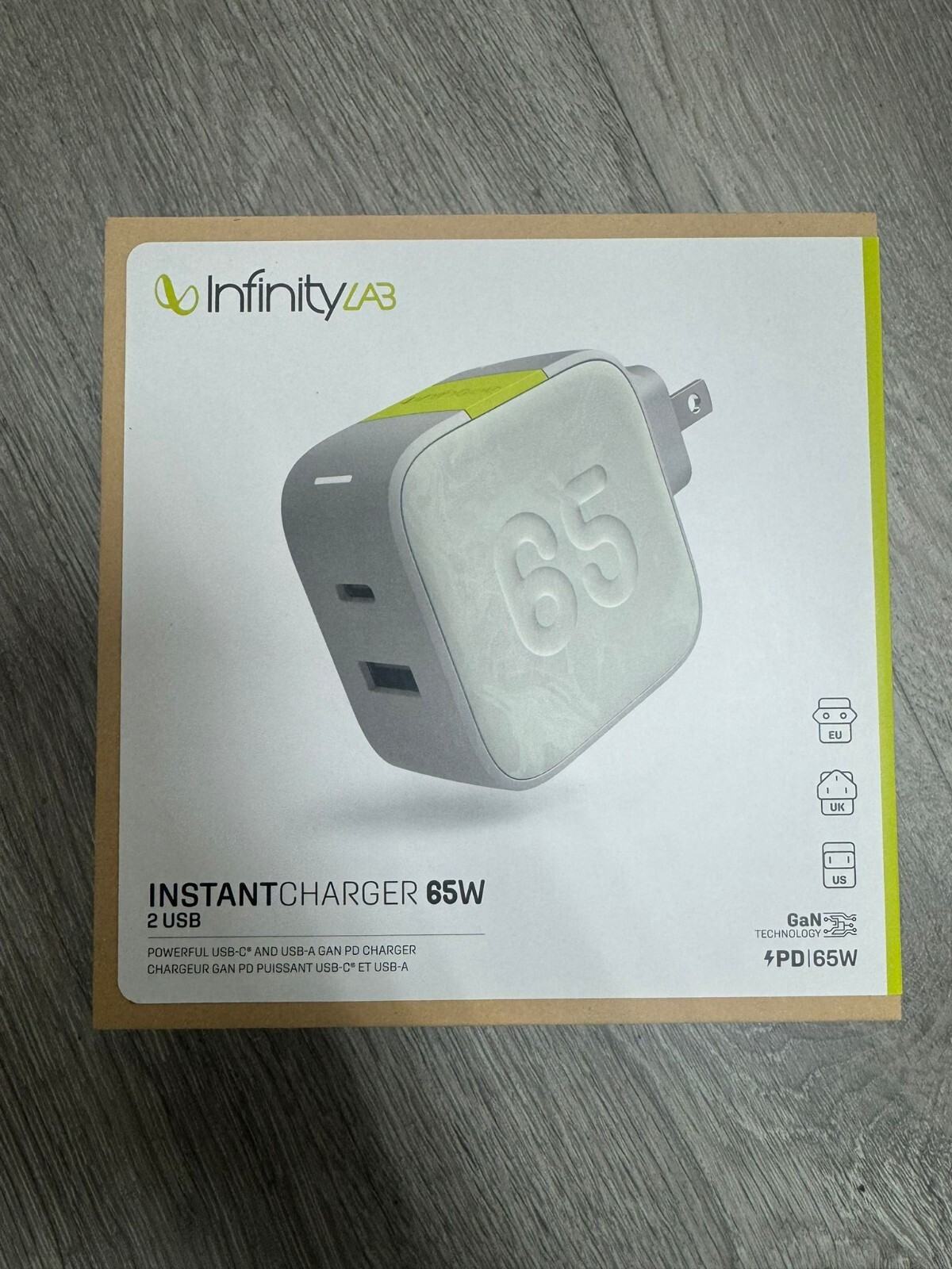 INFINITY LAB InstantCharger 65W 2 USB, Powerful USB-C & USB-A Gan PD Charger NEW