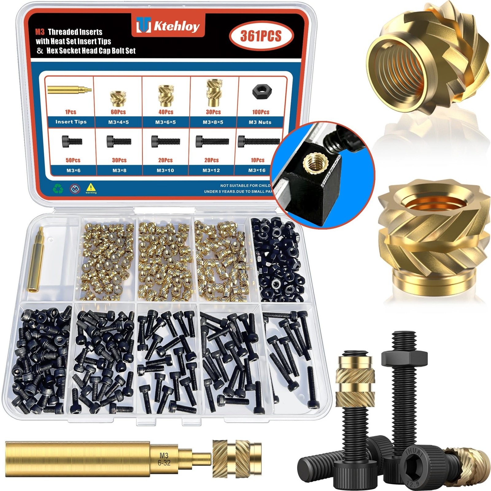 361Pcs M3 Heat Set Insert with Screws & Insert Tips Brass Threaded Inserts Fe...