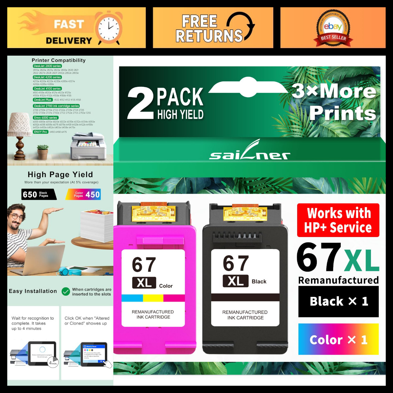 High-Quality 67XL Ink Cartridges Combo Pack - Black & Color Replacement Ink