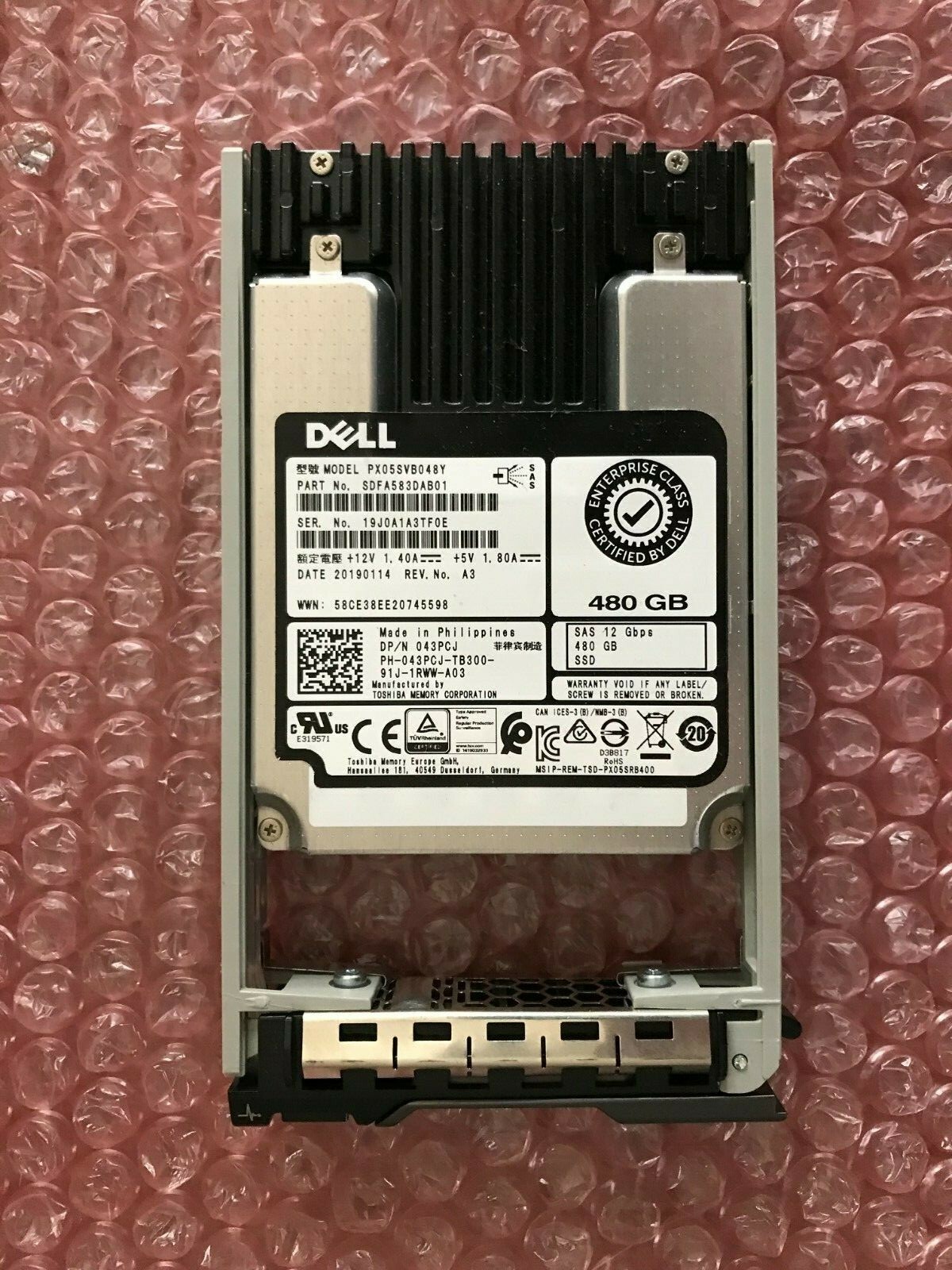 43PCJ Dell Toshiba PX05SVB048Y 2.5" 480GB 12G SAS SSD  043PCJ R720 R730