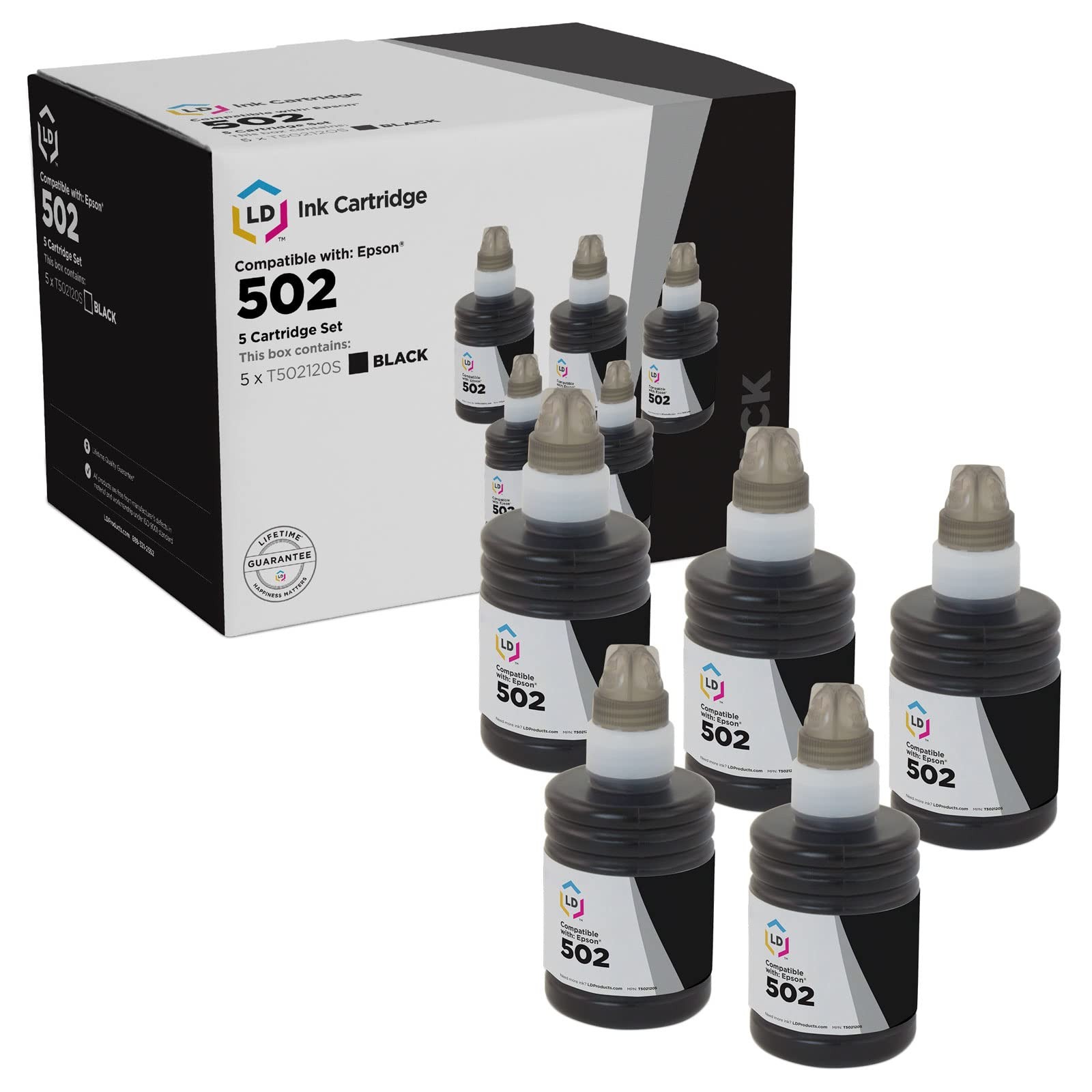 LD Products Compatible Ink Bottle Replacement Epson T502 (black, 5-Pk)