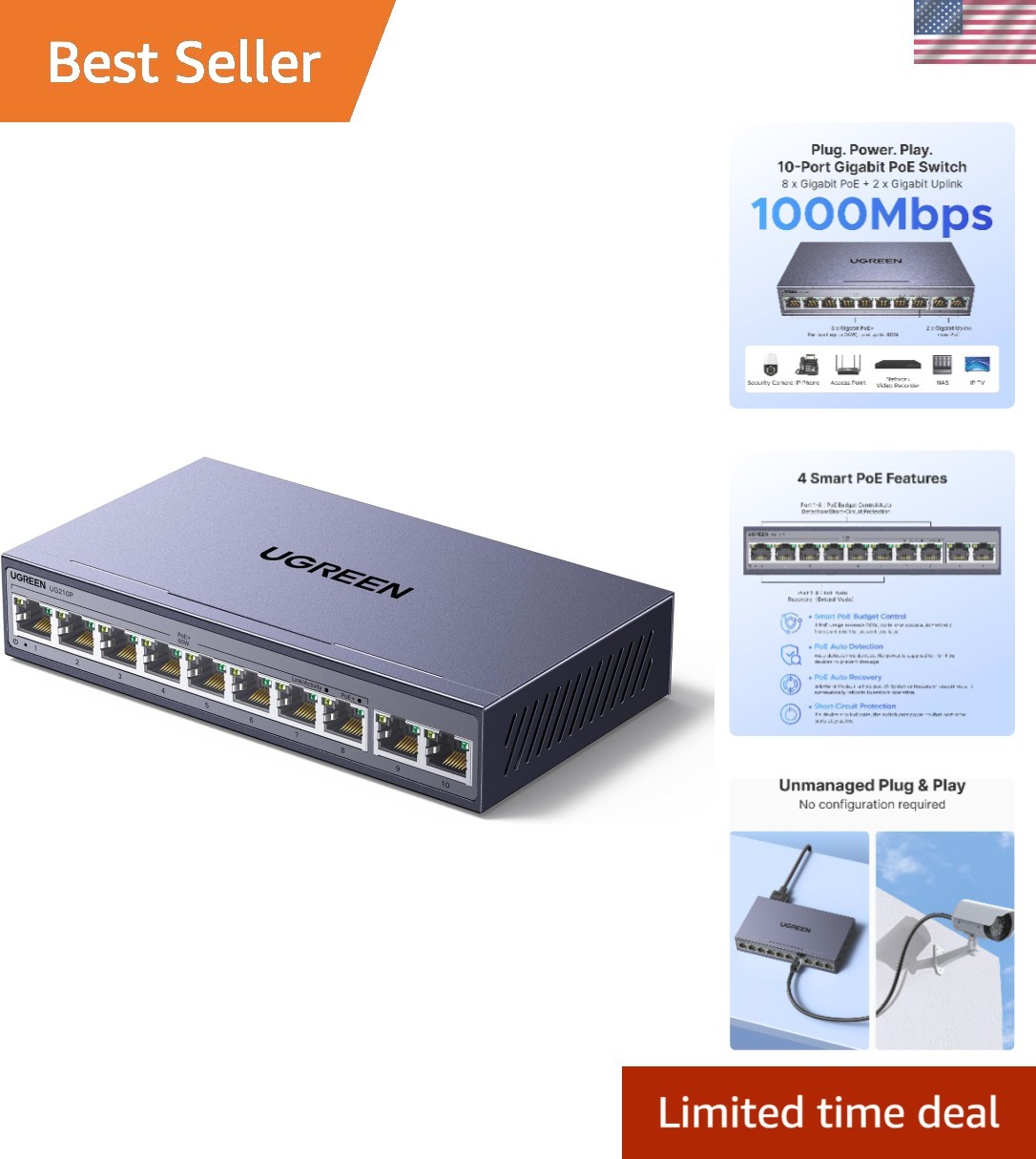 Ethernet Switch, 10-Port PoE Switch, 8 PoE+@60W + 2 Gigabit Uplink
