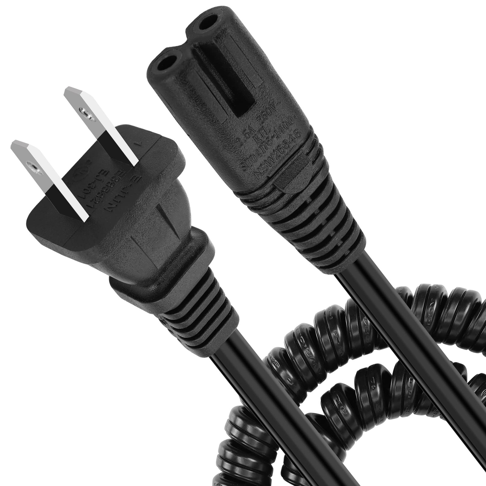 PNGKNYOCN AC 2 Prong C8 Coiled Power Cable 6.5FT Standard 2.5A 250V 18 AWG fo...