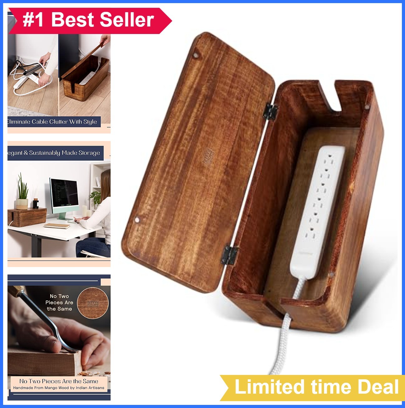 Cable Management Box Large Mango Wood Power Strip Cord Hider Organizer Magnetic