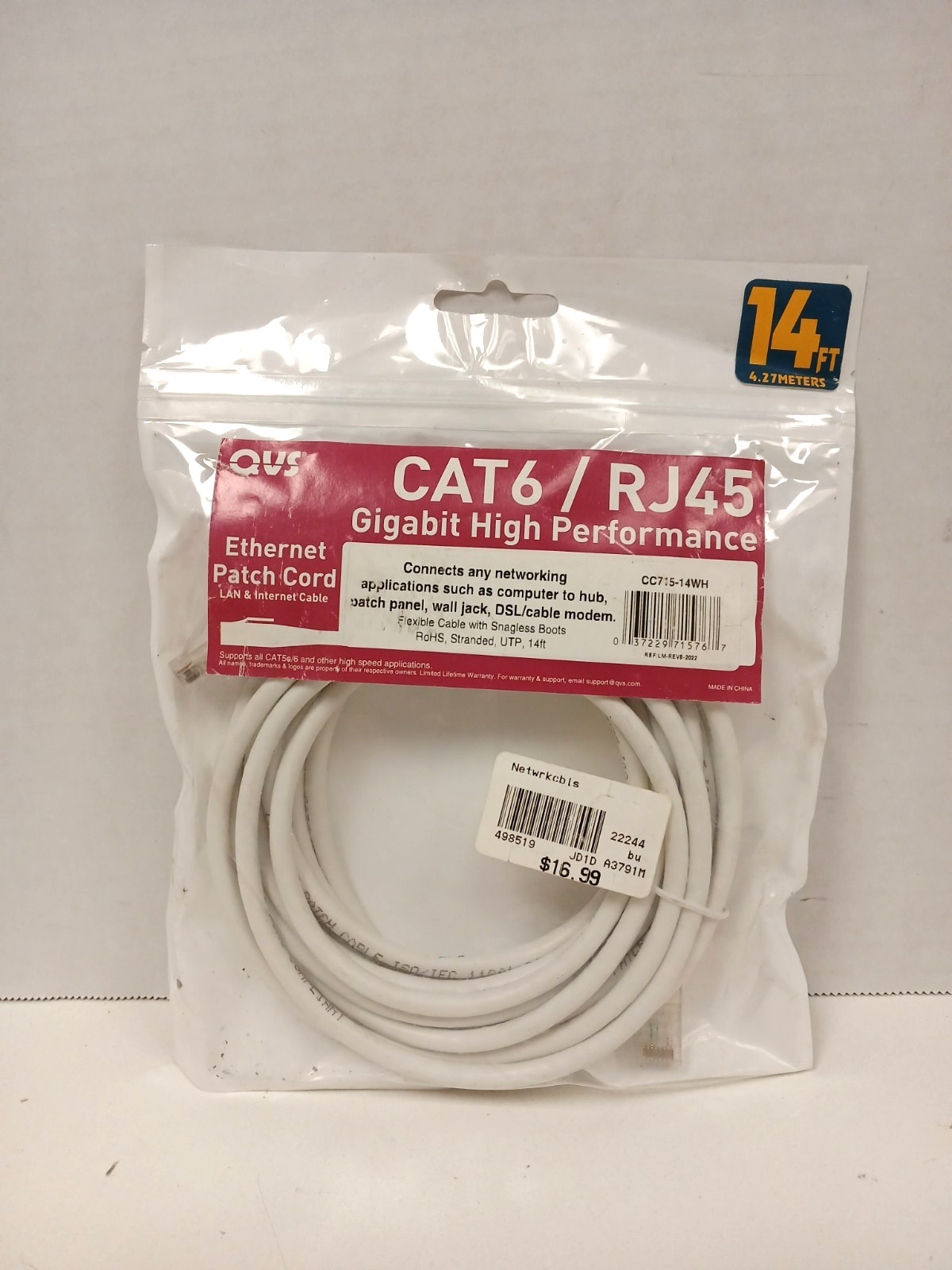 QVS CAT6/RJ45 Gigabit UTP Ethernet Patch Cord, 14ft