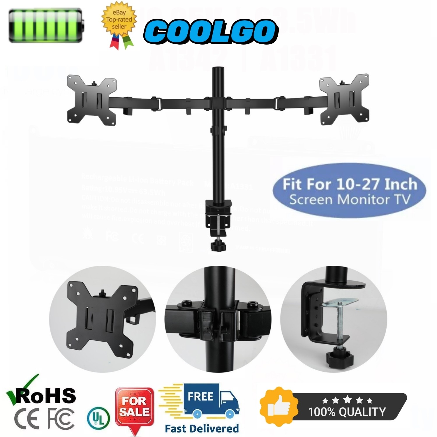 Double Twin Arm Desk Mount Bracket LCD Computer Monitor Stand 10”-27” Screen TV