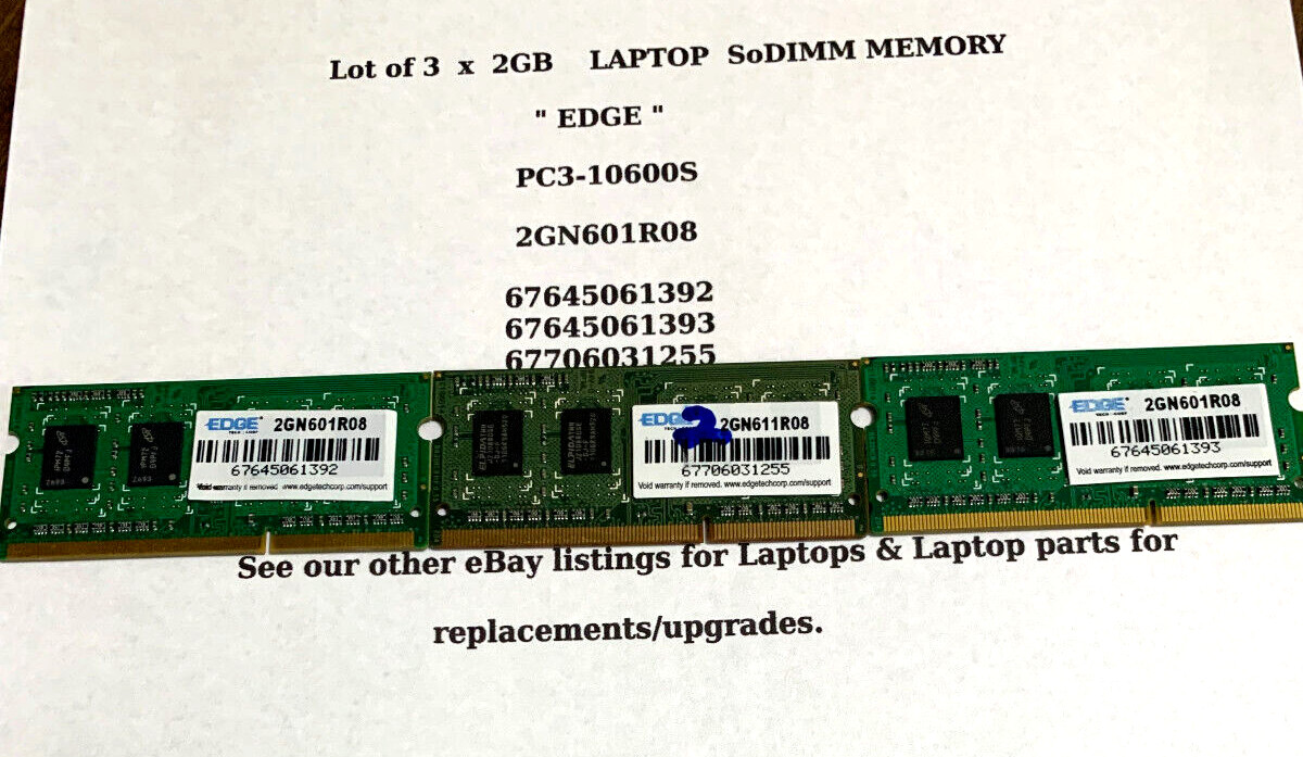 LOT OF 3 X 2GB = 6GB   Laptop RAM  "EDGE"   2GN601R08  2GB 2 GB EA.  PC3-10600S