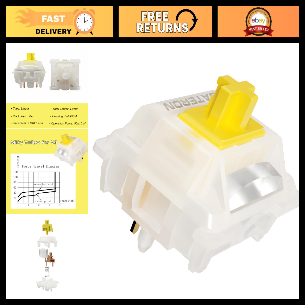108PCS Pre-Lubed Linear 5-Pin Gateron Milky Yellow Pro V3 Keyboard Switches