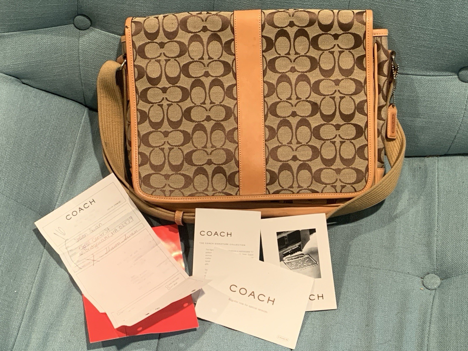 Vintage 2003 Coach Signature Tan Leather Computer Laptop Messenger Bag w/receipt