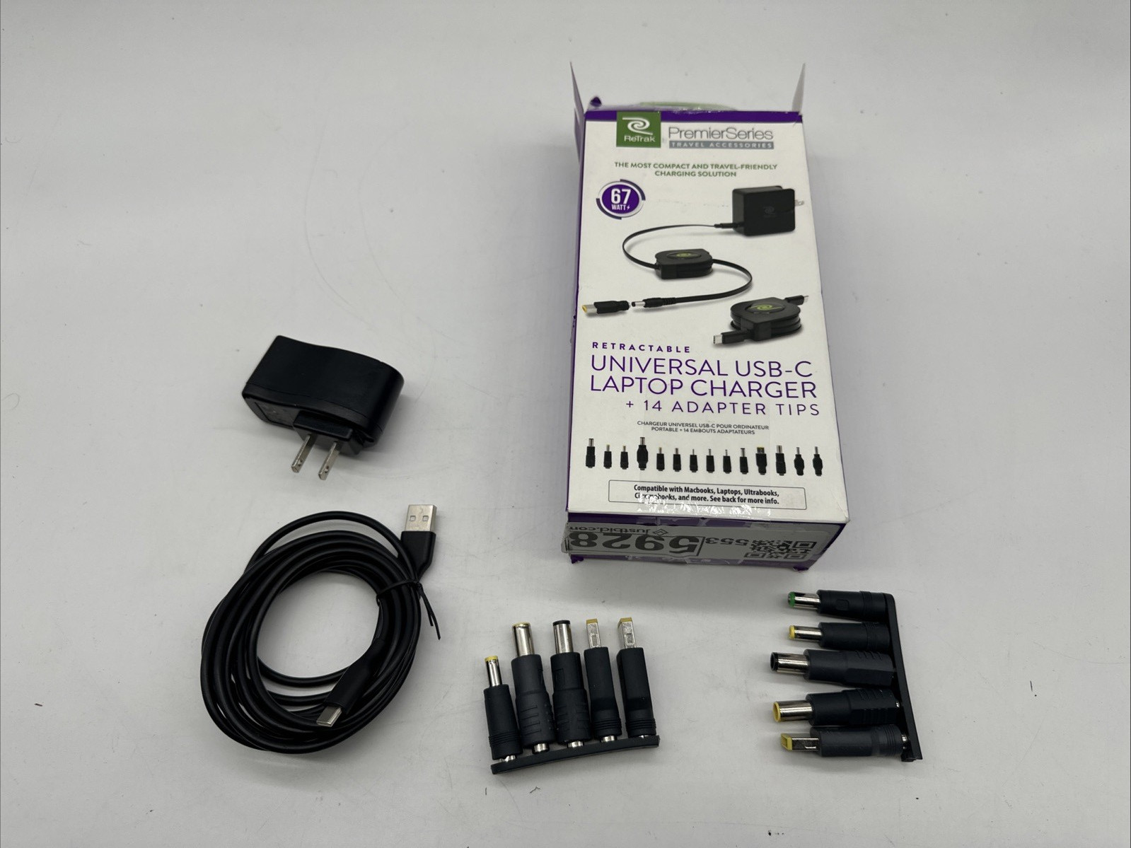 ReTrak 67W Retractable Universal USB-C Laptop Charger + 14 Adapter  New Open Box