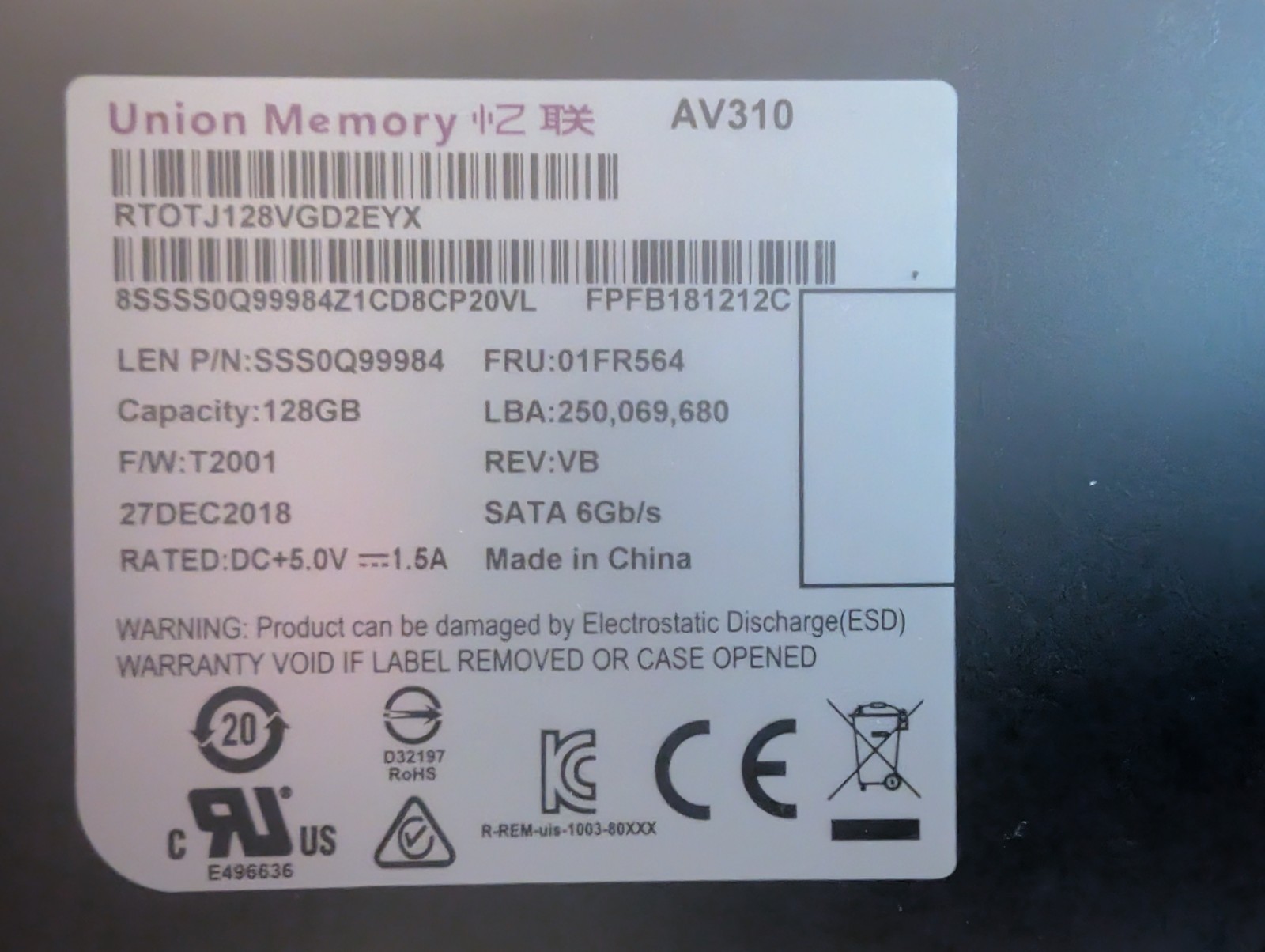Union Memory AV310 SATA Storage 128GB SSD Solid State Drive