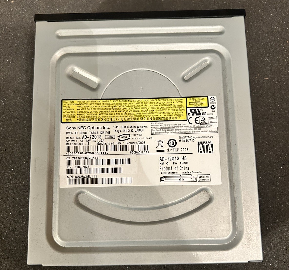 Sony NEC Optiarc AD-7201S-H5 DVD RW LightScribe SATA Internal Optical Drive