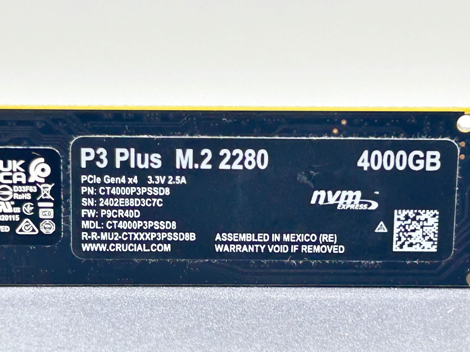 Crucial P3 Plus (CT4000P3PSSD8) 4000GB (4TB) NVMe M.2 2280 SSD - 63% Health