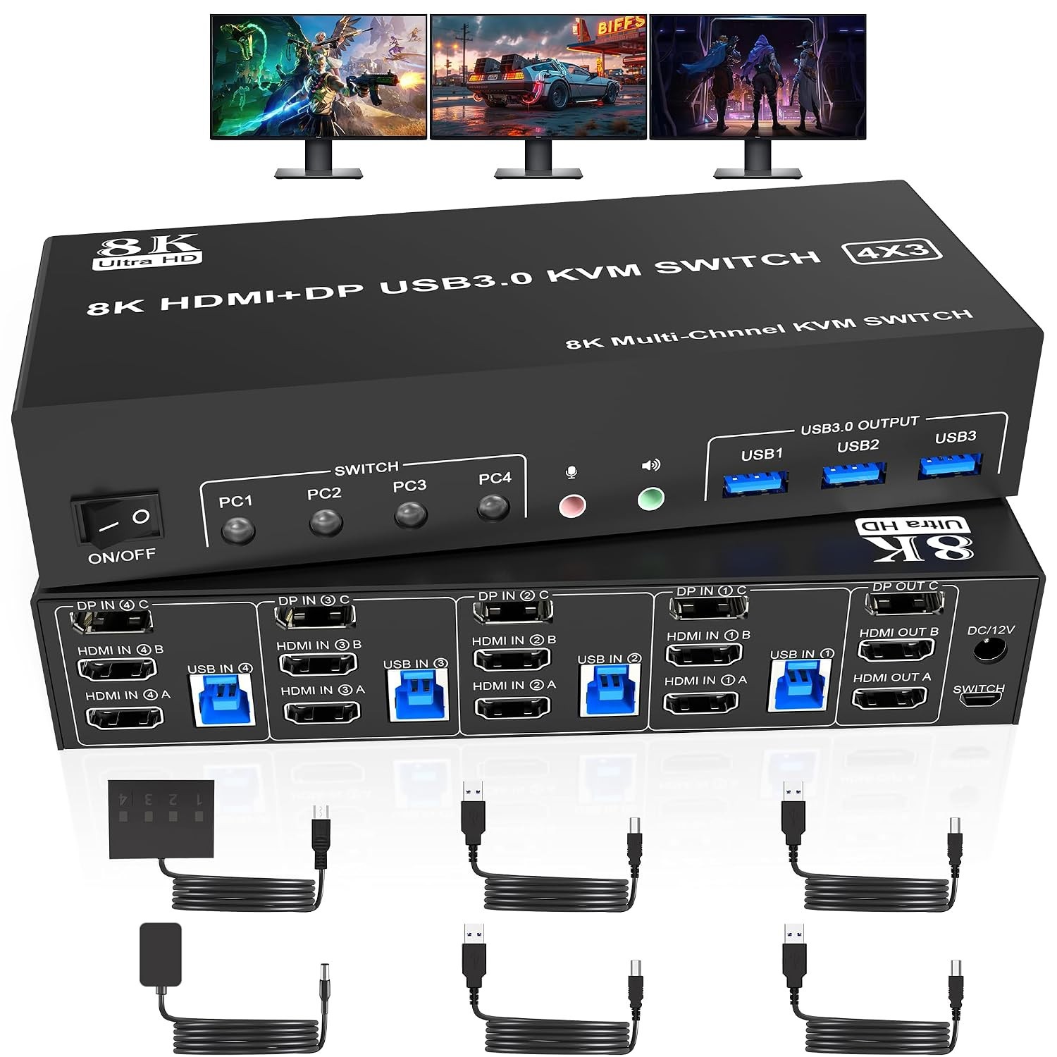 8K@60Hz Displayport Triple Monitor KVM Switch Mouse Switcher w/Audio Mic 7079C6D