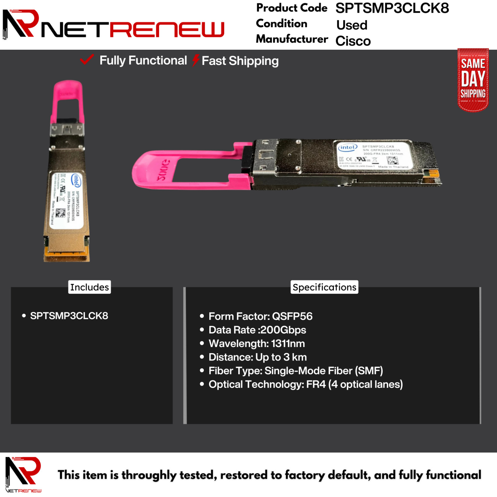 Intel SPTSMP3CLCK8 200G QSFP56 FR4 Transceiver 1311nm 3km LC SMF