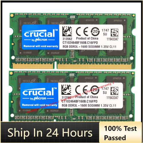 Crucial  DDR3 16GB 1600 2x 8GB PC3-12800 Laptop SODIMM Memory RAM PC3L 16G DDR3L