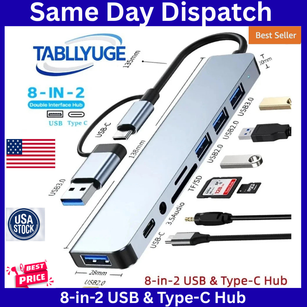 TYPE-C Hub USB3.0 Hub 8 in 2 USB Extender with SD/TF Card Reader& 3.5mm Audio