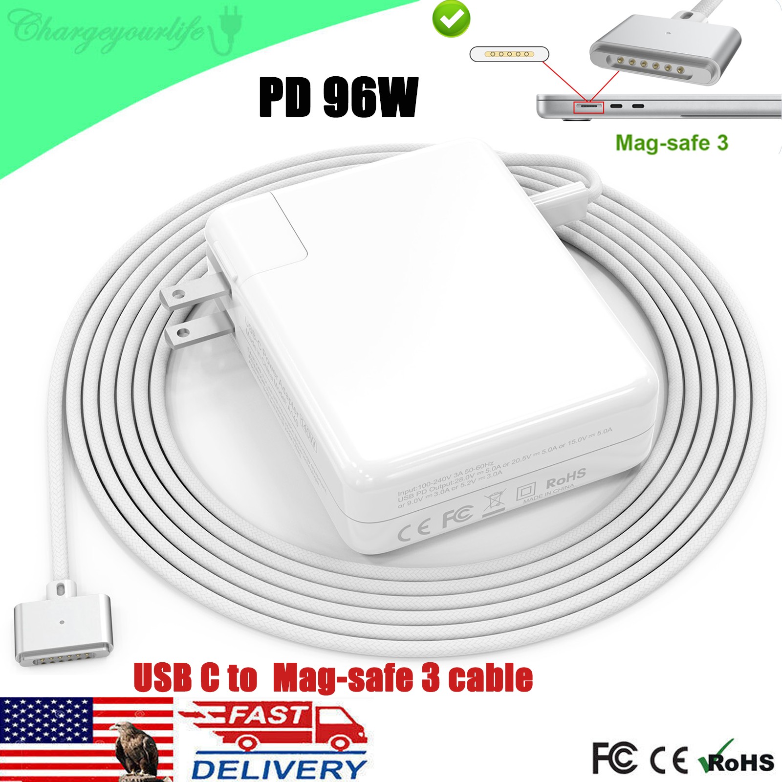 96W 140W USB C To Mag3 Charger For Macbook Air / Pro 13 14 15 16 Inch 2021-2026