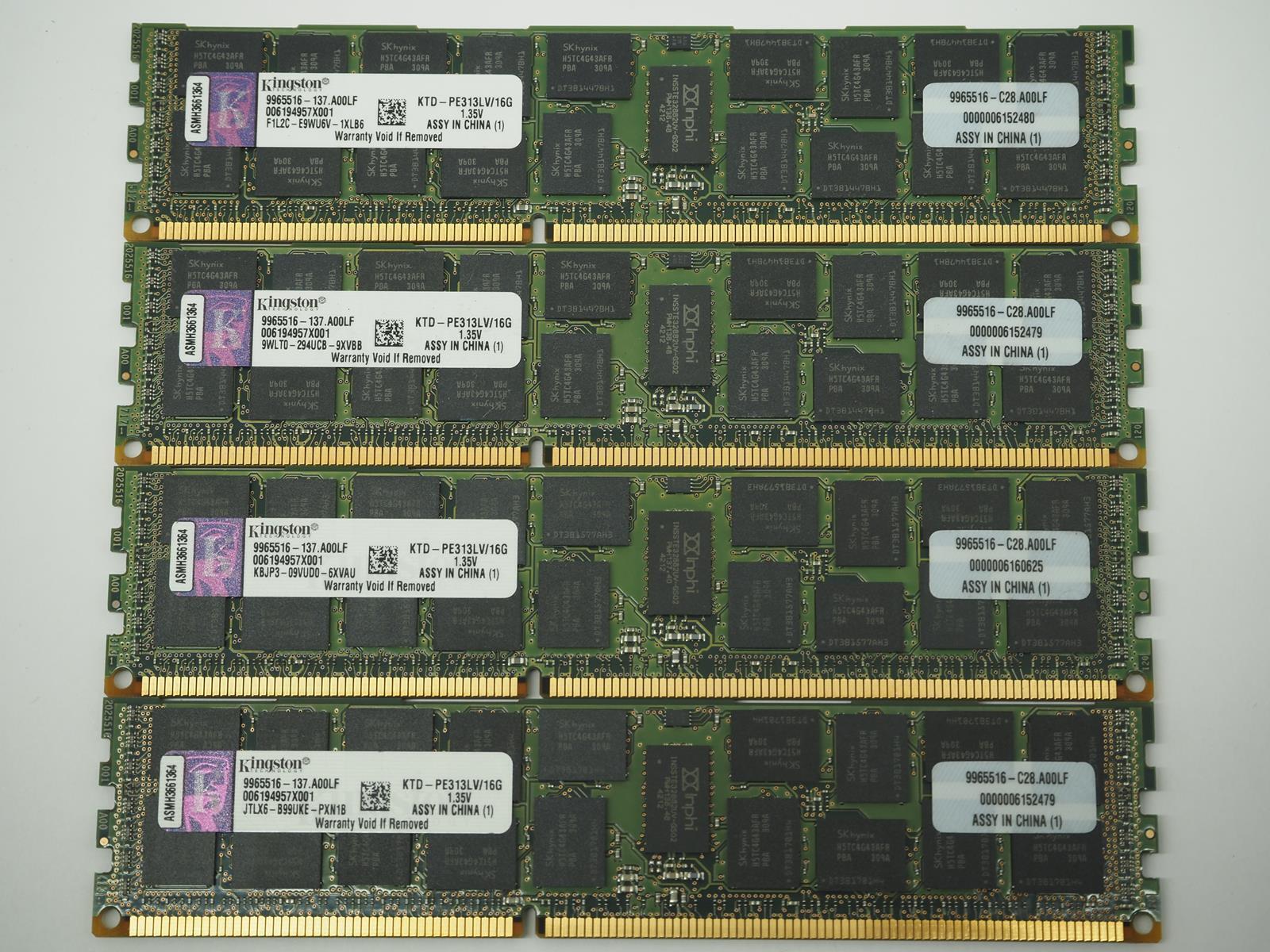 Lot of 4 KINGSTON 16GB DDR3 Server Memory Ram - KTD-PE313LV/16G