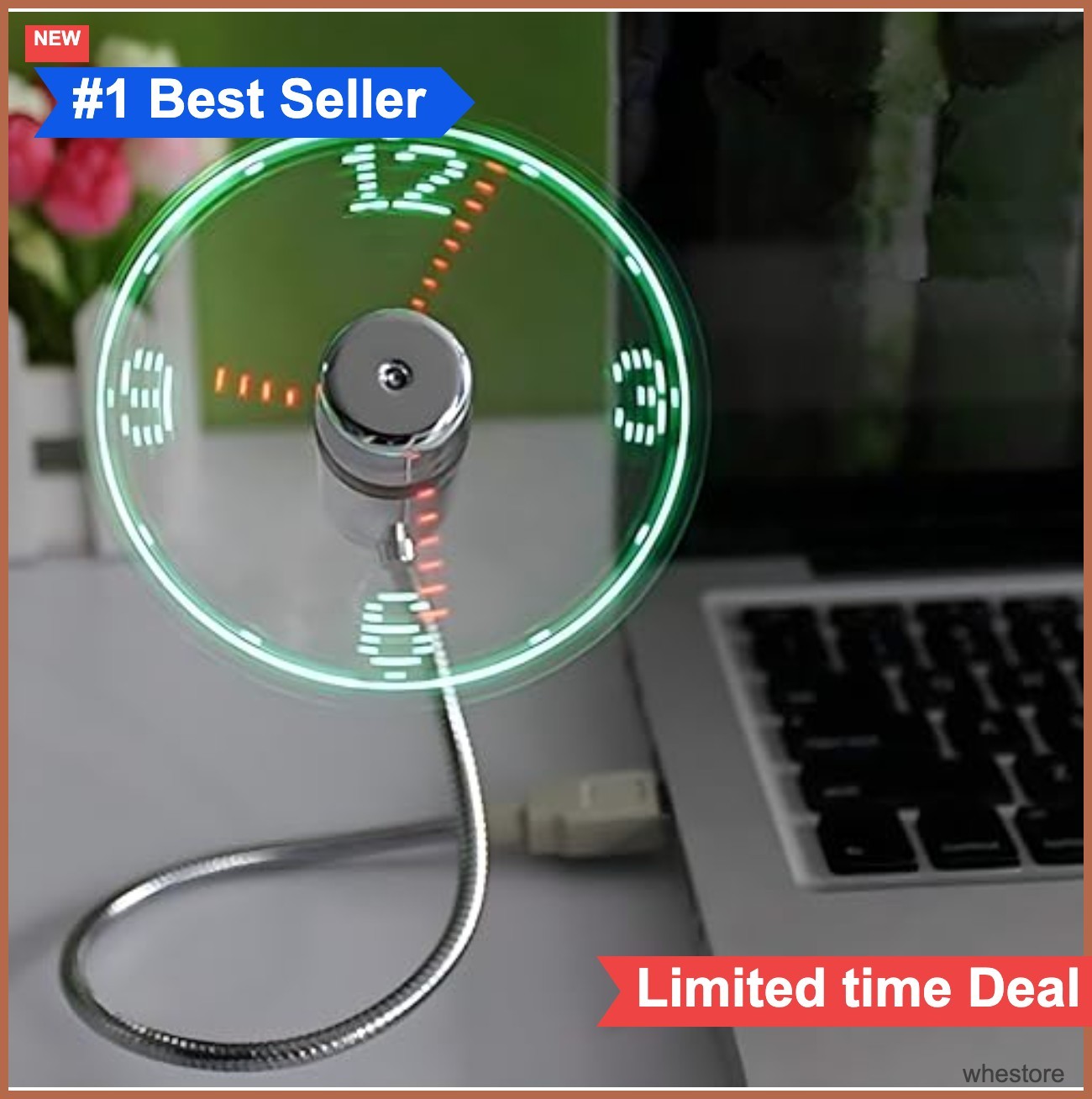 LED USB Clock Fan 5V Flexible Gooseneck Desktop Laptop Cooling with Real Time