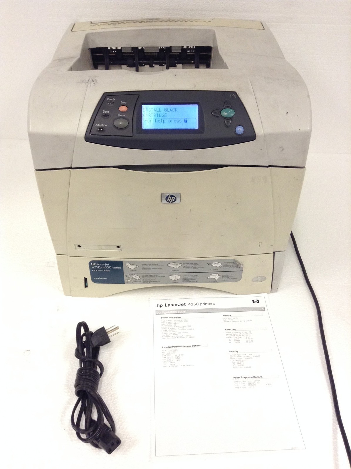 HP LaserJet 4250N Monochrome Laser Printer Network w/ 64MB, 555K Pages, No Toner