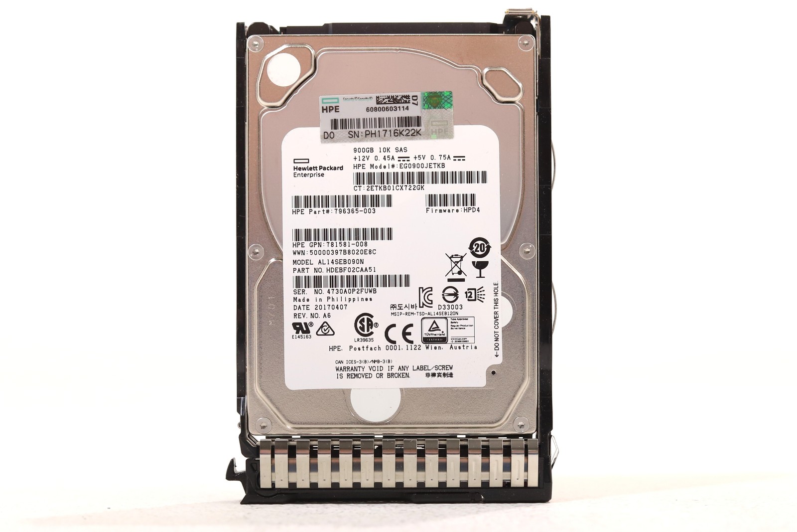 HPE EG0900JETKB 900GB 2.5" 12Gb/s 128MB 10K RPM SAS HDD W/Caddy P/N: 781581-008
