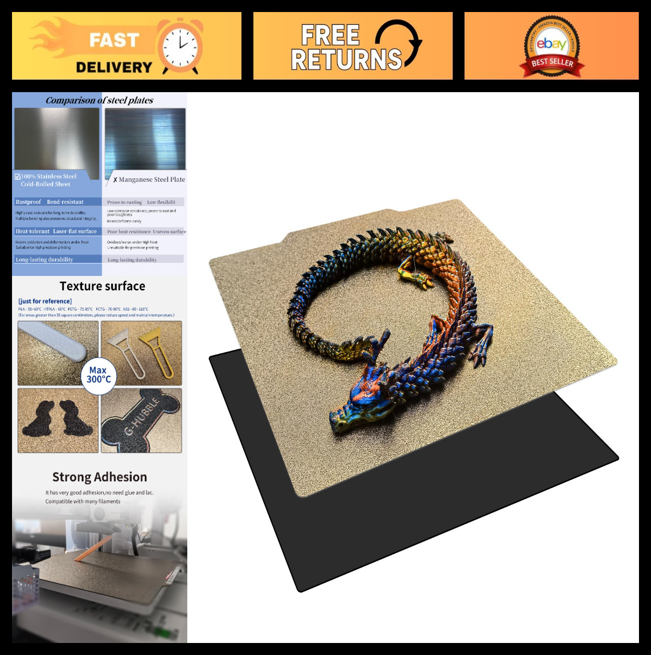310x310mm PEI Build Plate Sheet - Double-Sided Textured Flexible Magnetic Bed fo