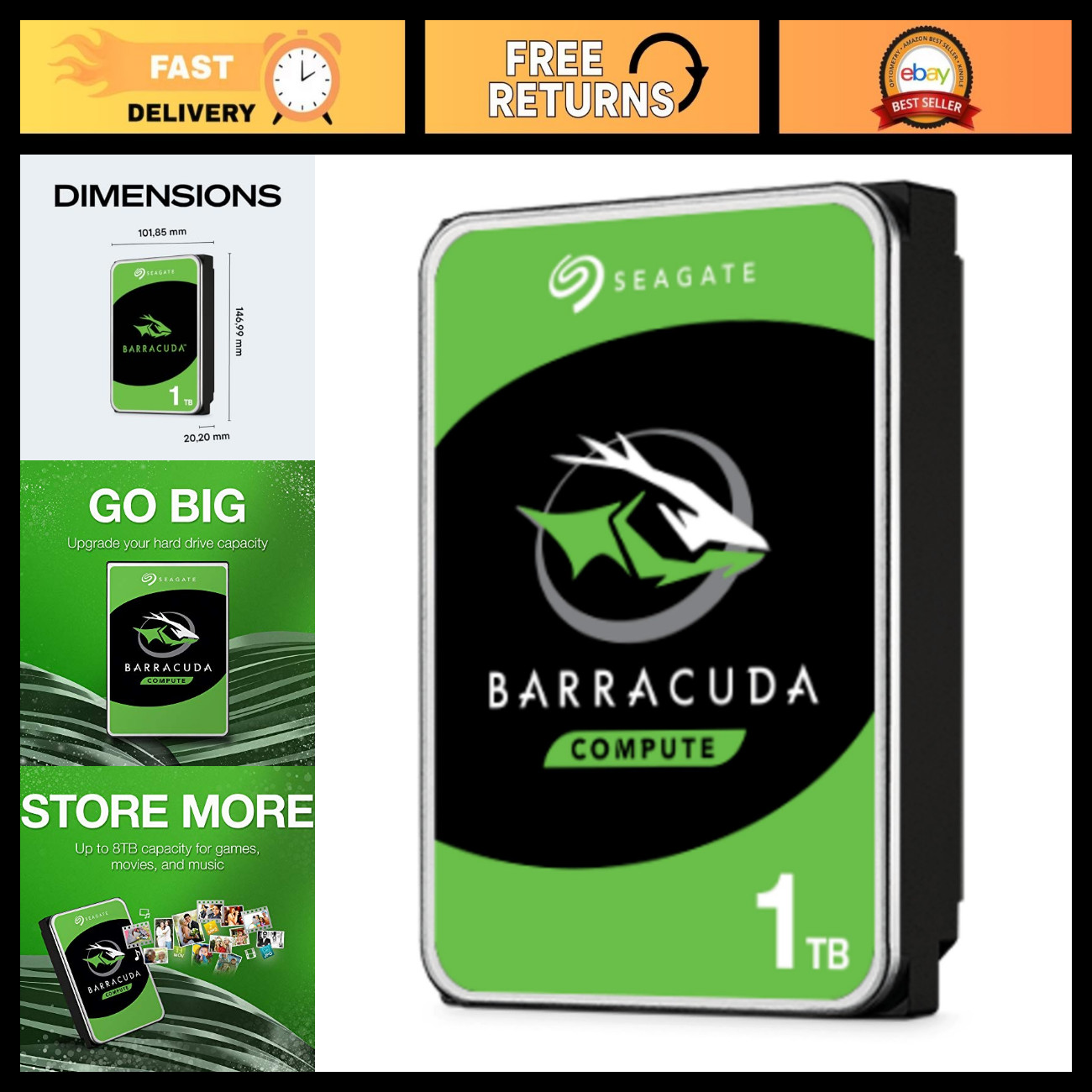 1TB Internal Hard Drive HDD - 3.5" SATA 7200 RPM 64MB Cache for Desktop PC