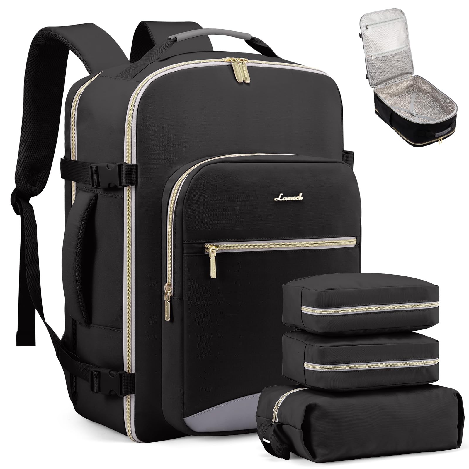 LOVEVOOK 40L Travel Backpack Flight Large-40L-4Pcs(Standard), Black-grey