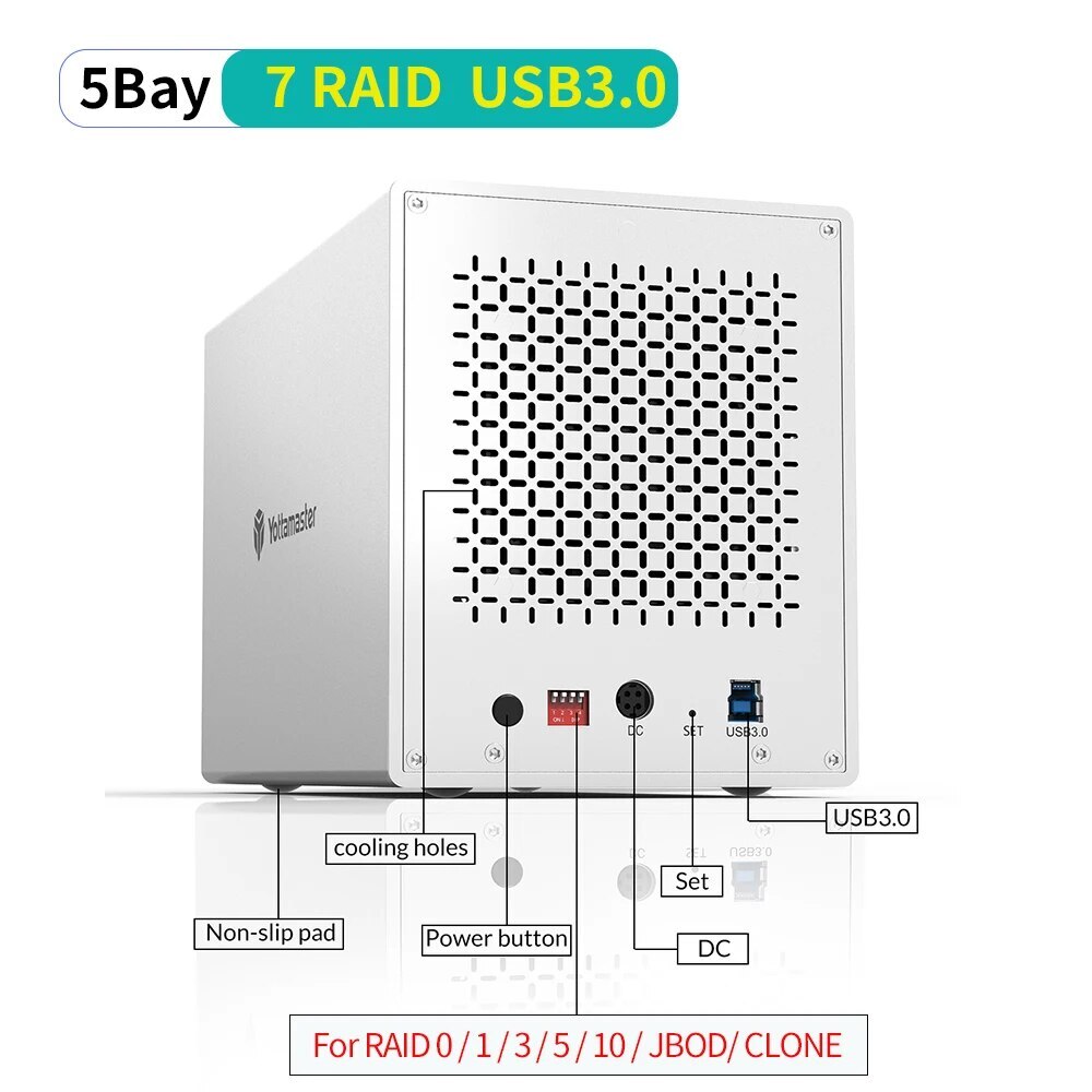 Yottamaster 2 4 5 Bay Hard Drive Enclosure USB3.0 Type C For 2.5" 3.5" SATA HDD
