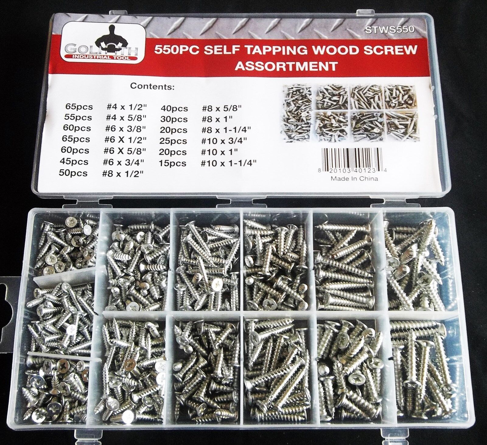 550pc GOLIATH INDUSTRIAL SELF TAPPING WOOD SCREW ASSORTMENT STWS550 DRILLING