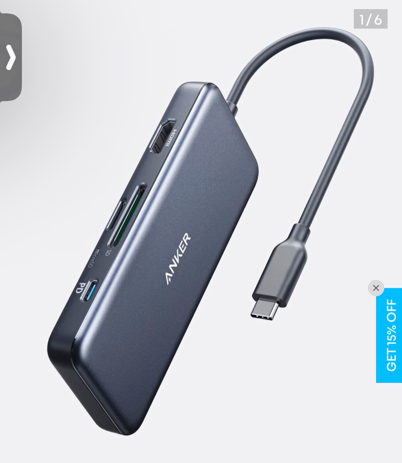 Anker 341 7-in-1 USB-C Hub HDMI USB 3.0 SD/microSD PD A8346 Gray