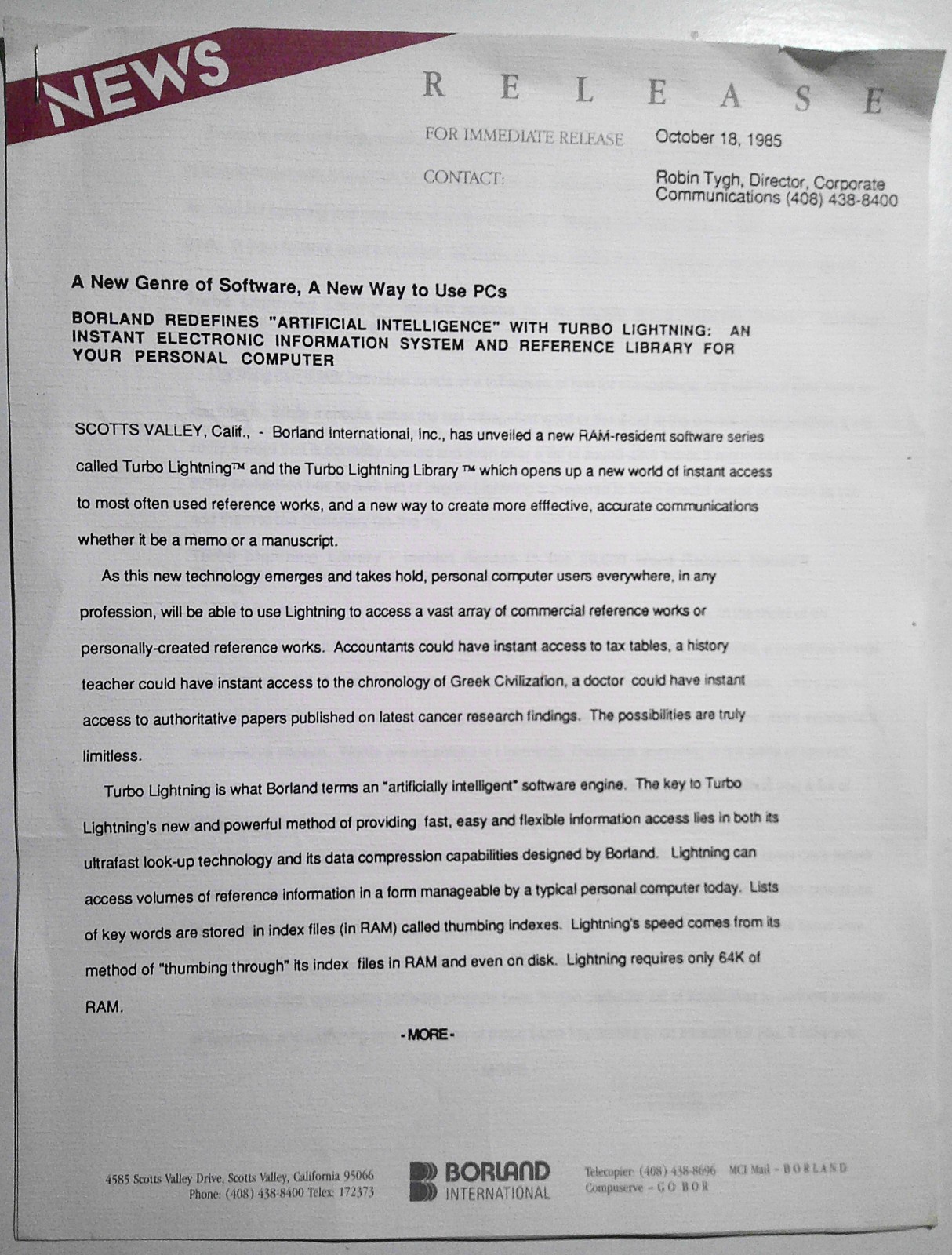 [Artificial intelligence] Borland announces Turbo Lightning - 1985 press release