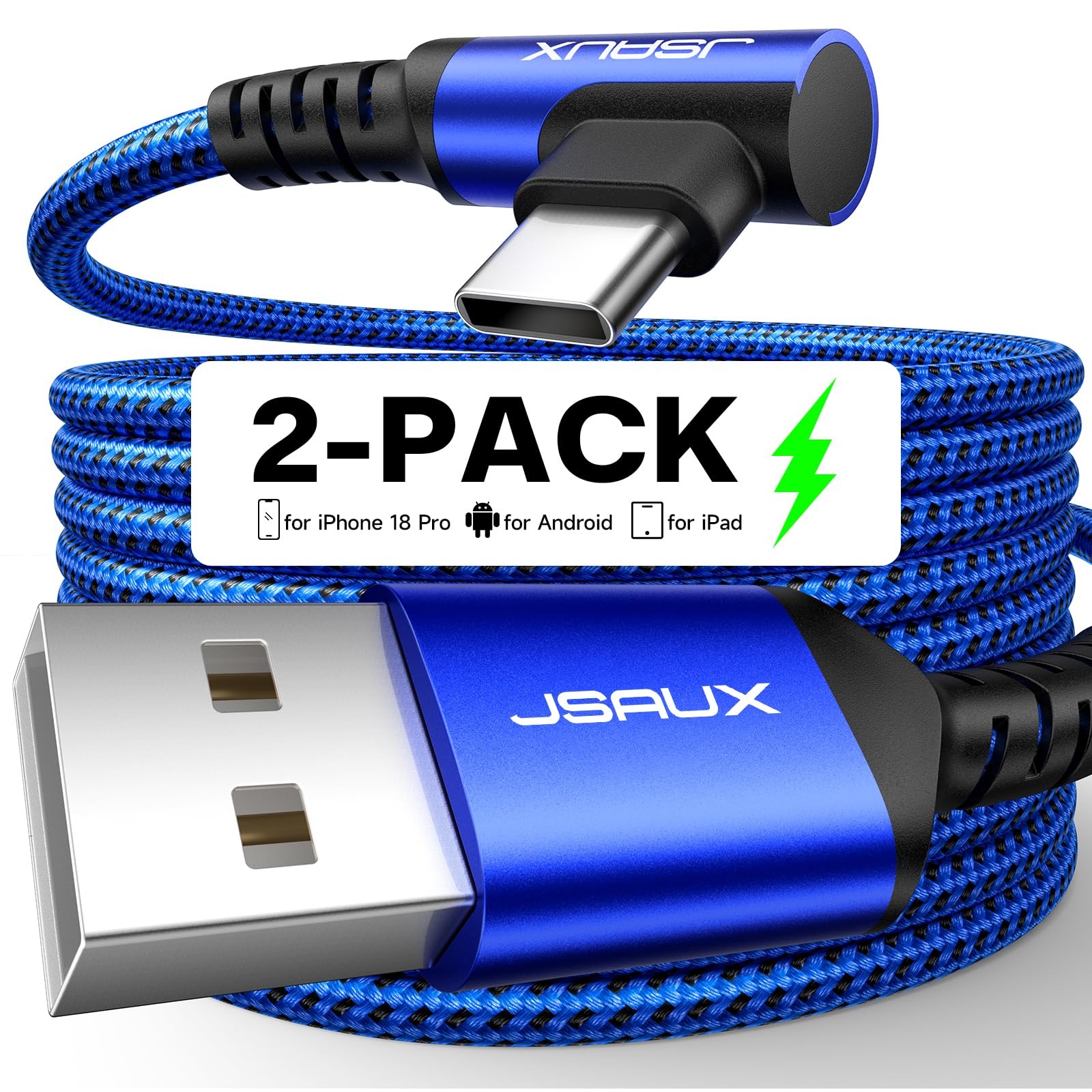 JSAUX USB C Cable for iPhone 18 Pro Max, Samsung, Car 6.6ft+6.6ft, Blue