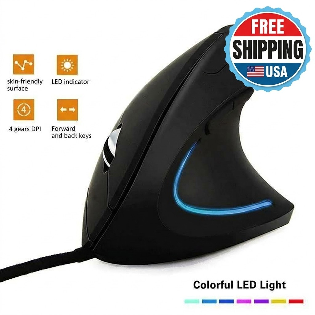 Ergonomic Vertical Wired Mouse Right Hand RGB 3200 DPI USB Optical Black