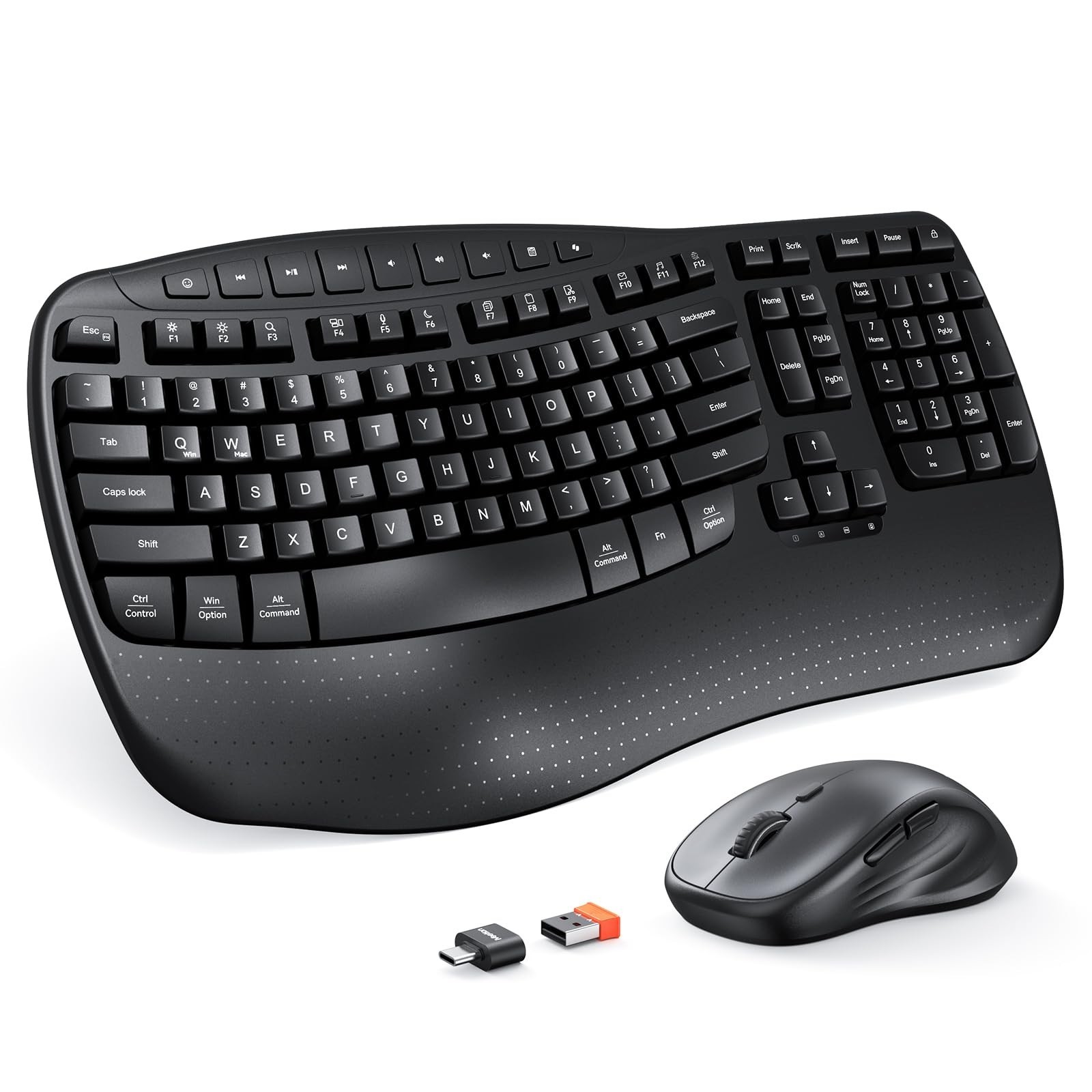MEETION Ergonomic Keyboard and Mouse Wireless Combo, Wave Keys Natural Typing, 2