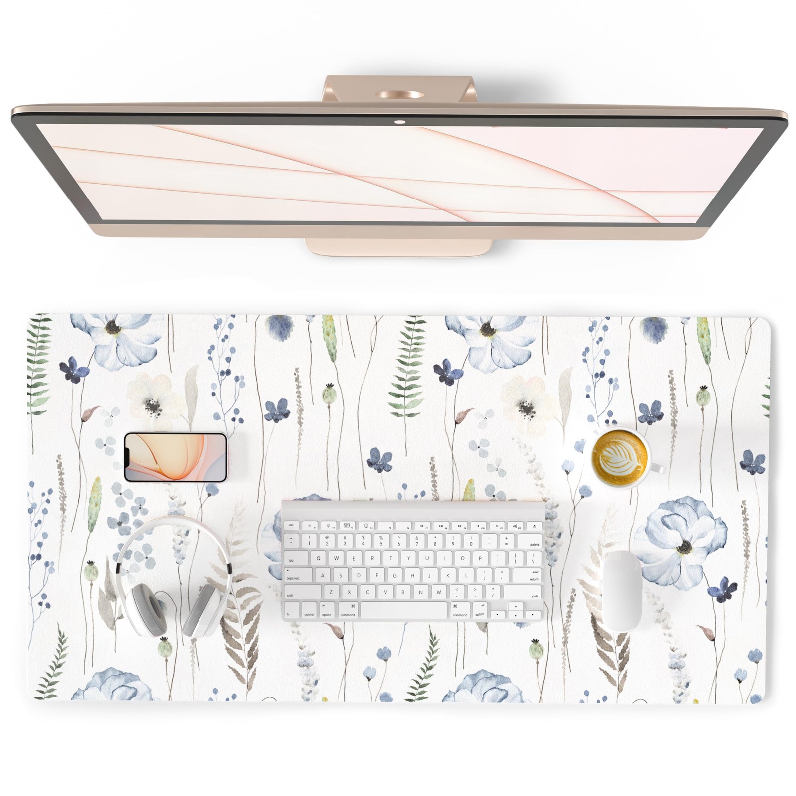 Large Mouse Pad Watercolor Floral PU Leather Waterproof Desk Mat 31.5x15.7 In