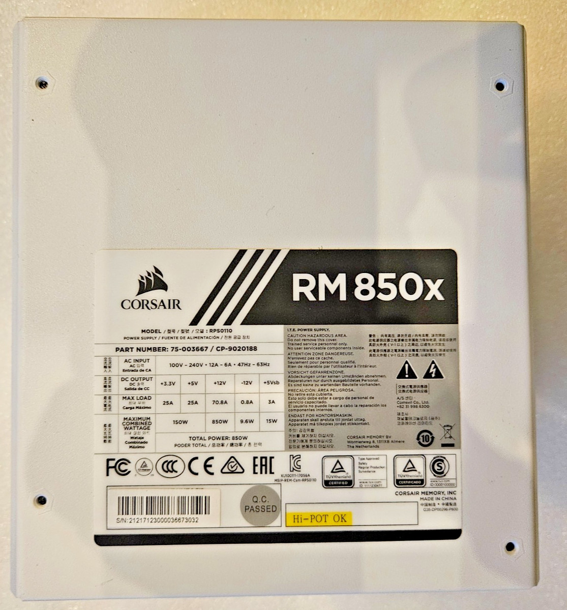 Corsair RMX White Series RM850x 850 Watt 80+ Gold Certified Fully Modular Power