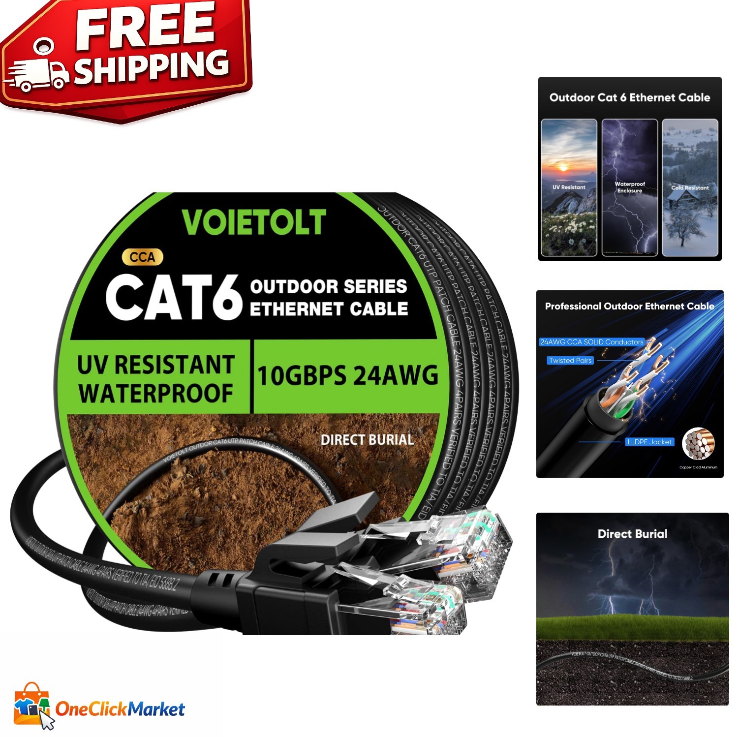 250 ft Cat 6 Ethernet Cable - High-Speed 10Gbps Direct Burial with UV Shield