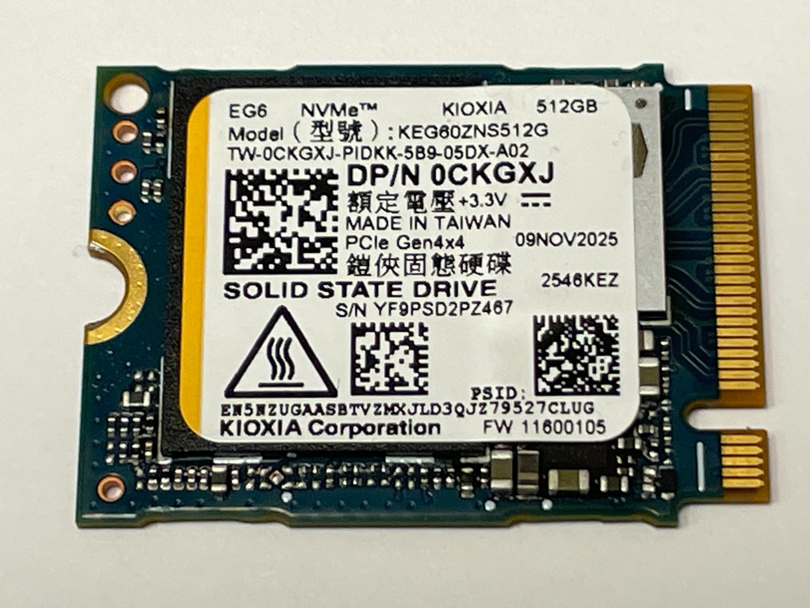 Kioxia 512GB EG6 NVMe 2230 m.2 SSD Solid State Drive KEG60ZNS512G Dell CKGXJ