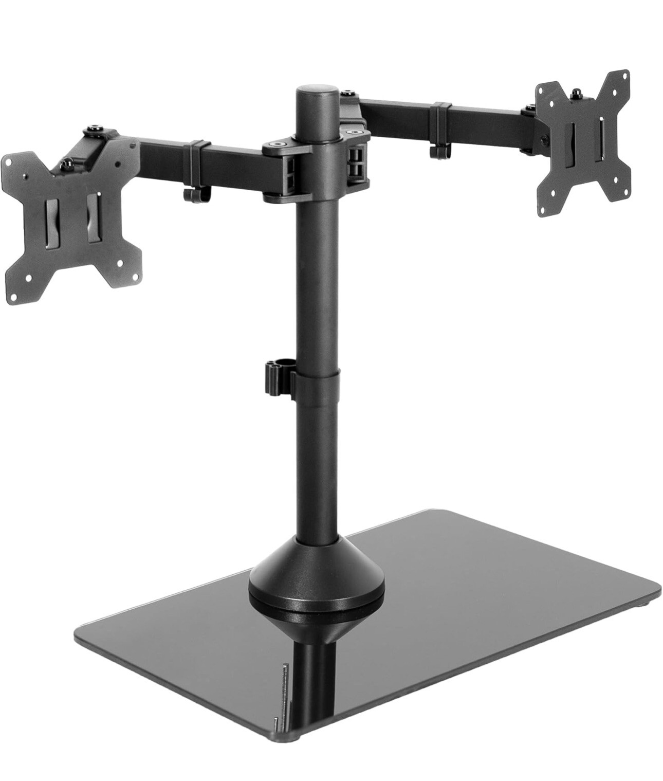 Freestanding Dual Monitor Stand with Sleek Glass Base and Adjustable Arms 13-32”