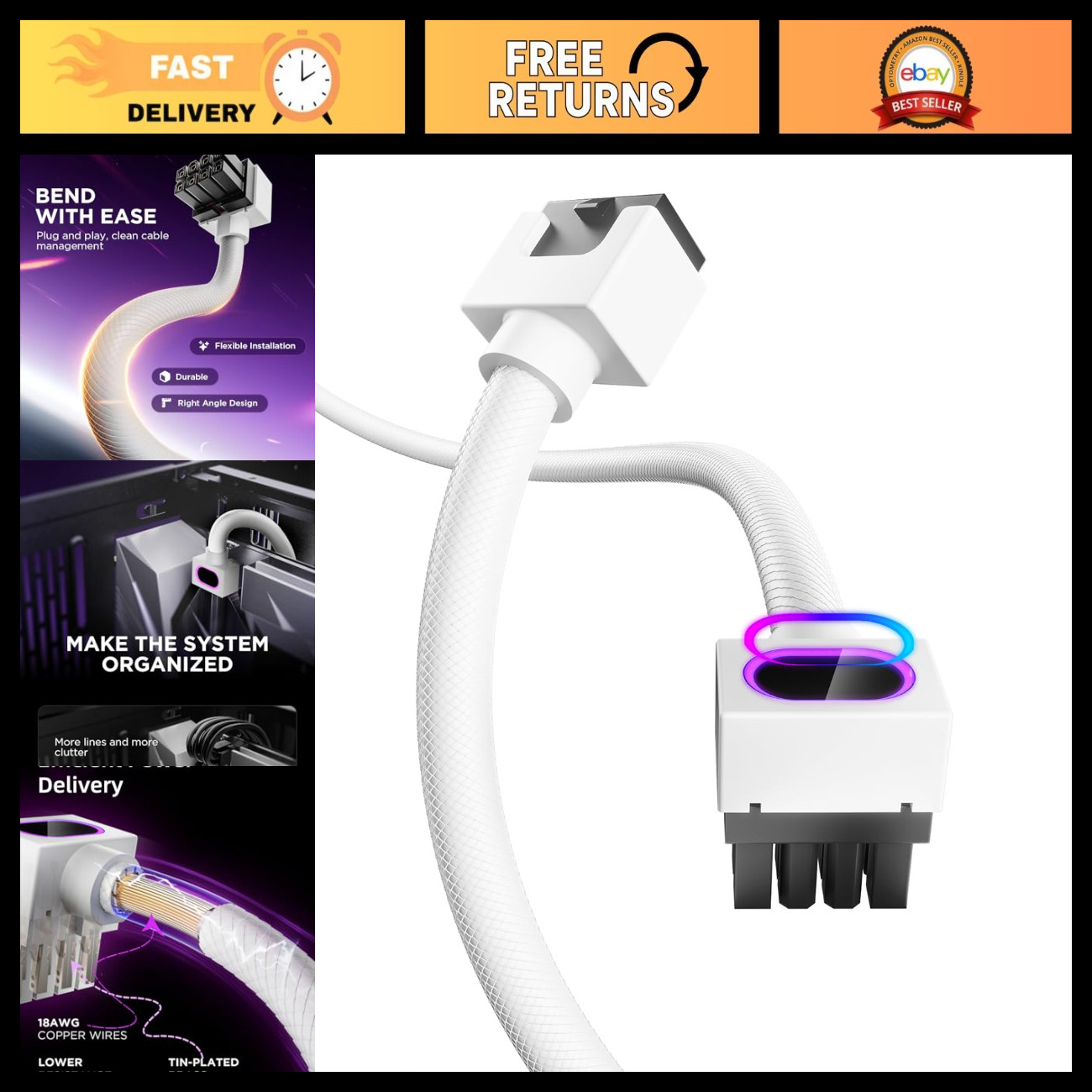 ARGB CPU PSU Extension Cable, 8-Pin Copper Wire, 2000W Power, Minimalist Design,