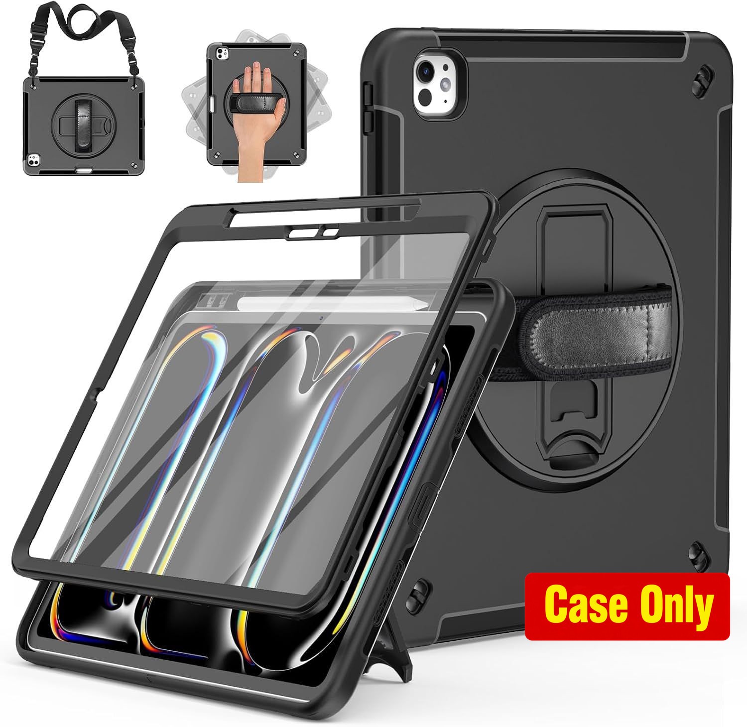 Shockproof Case for iPad Pro 13 Inch 2025, Heavy Duty, Black, Rotating Stand