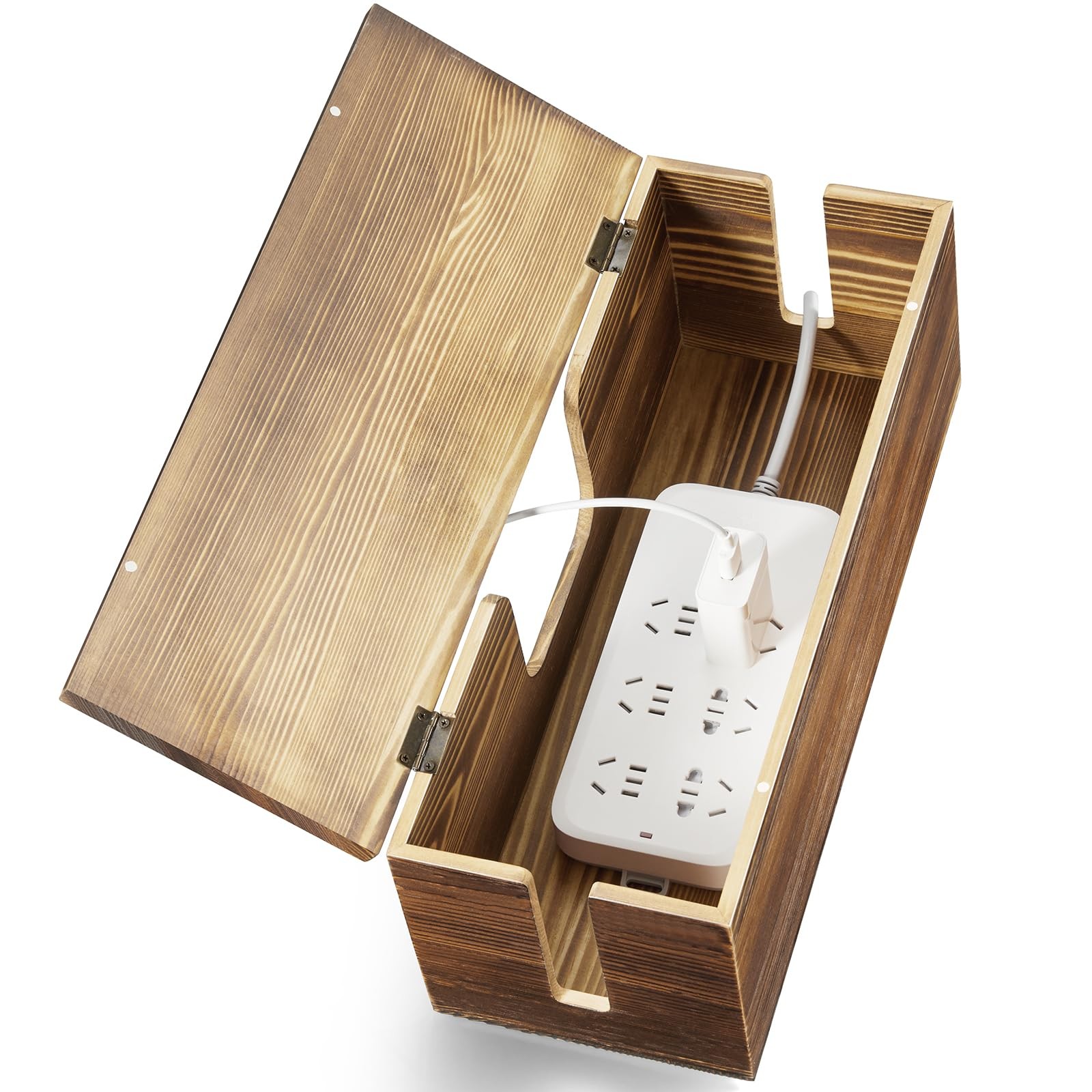 Large Cable Management Box - Burnt Wood Cable Organizer Box and Power Strip B...